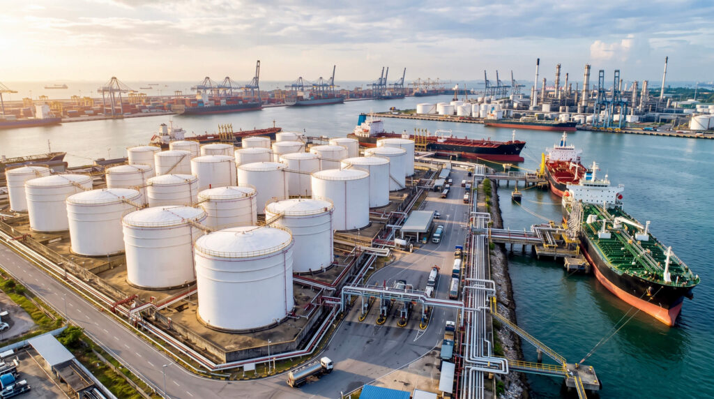 EN590 diesel fuel supplier logistics showing bulk oil terminal and vessel loading