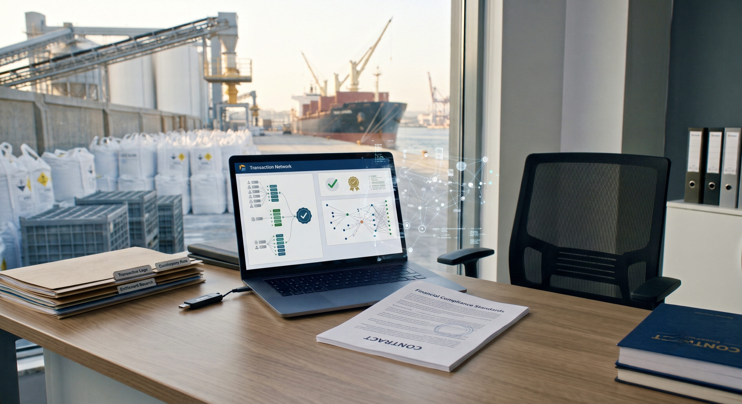 An active commercial port with bulk carrier ships and organized cargo, representing secure financial compliance, risk management, and reliable international trade settlements in global commodity trading.