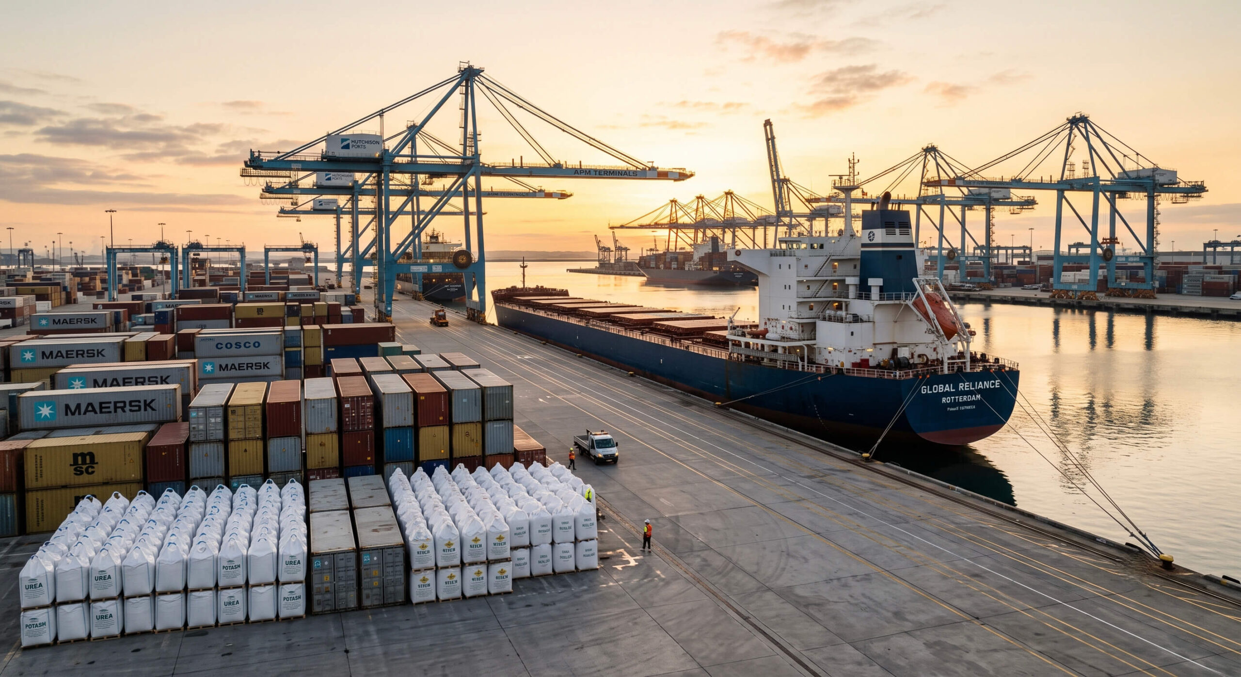 Massive bulk carrier ship and neatly organized commodity bulk bags at a commercial port at dawn, representing Ploutos Trading's global market access and international supply chain capabilities.