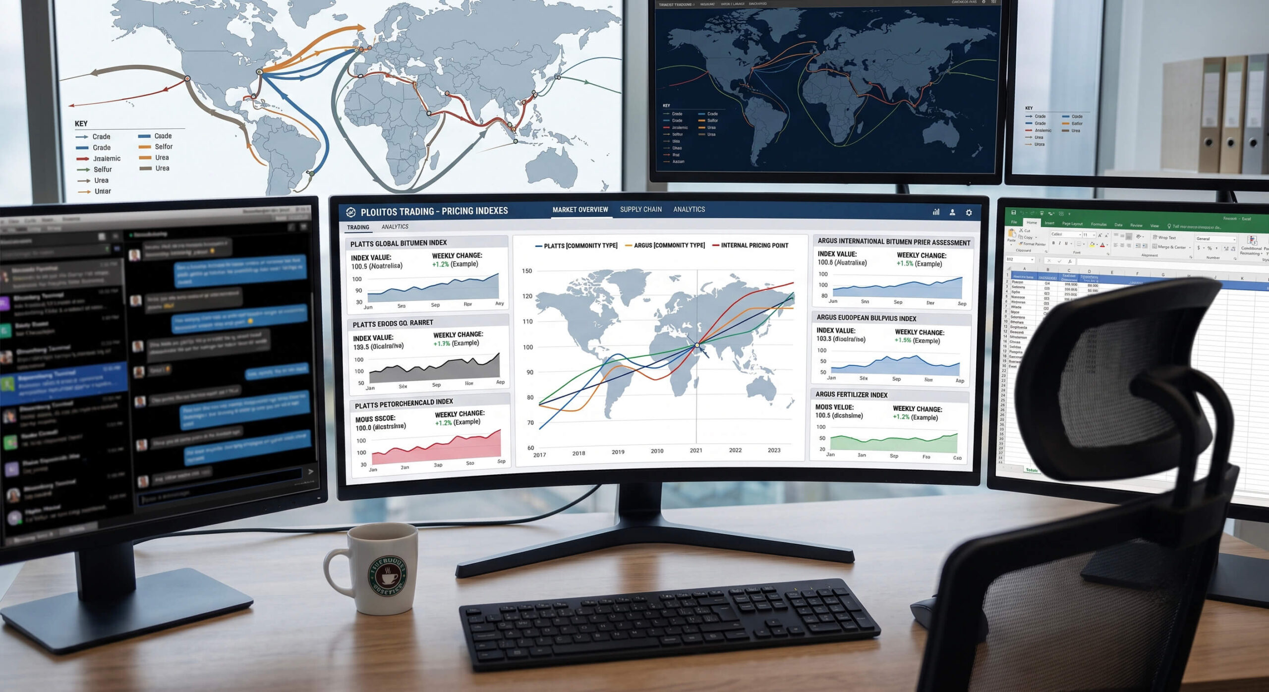 A professional commodity trading desk featuring multiple monitors that display market-aligned pricing analytics, global supply chain maps, and industry-standard index assessments like Platts and Argus.
