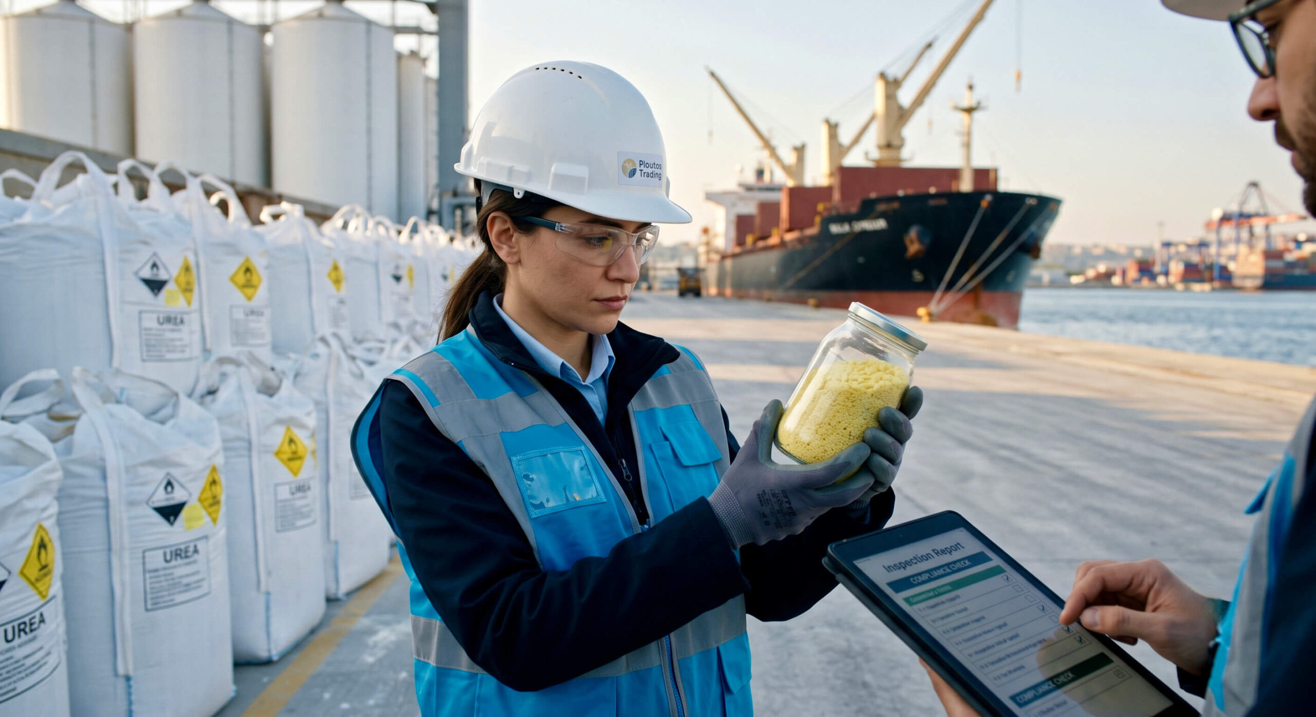 Ploutos Trading operations center demonstrating financial compliance, trade document verification, and responsible commodity sourcing with physical security seals, overlooking an active commercial port.